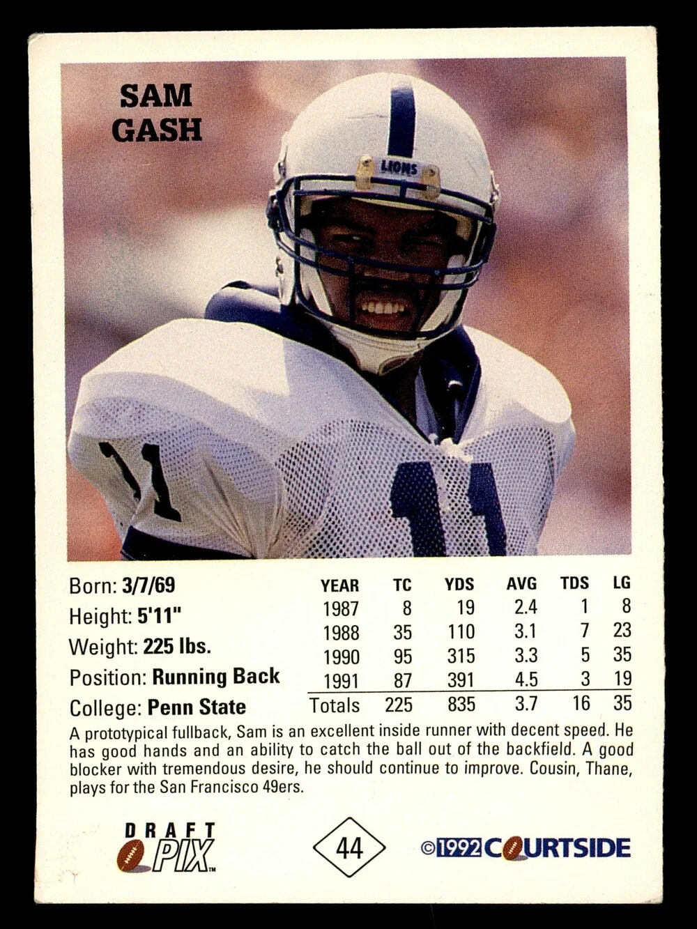 1992 Courtside Draft Pix #44 Sam Gash Football Card